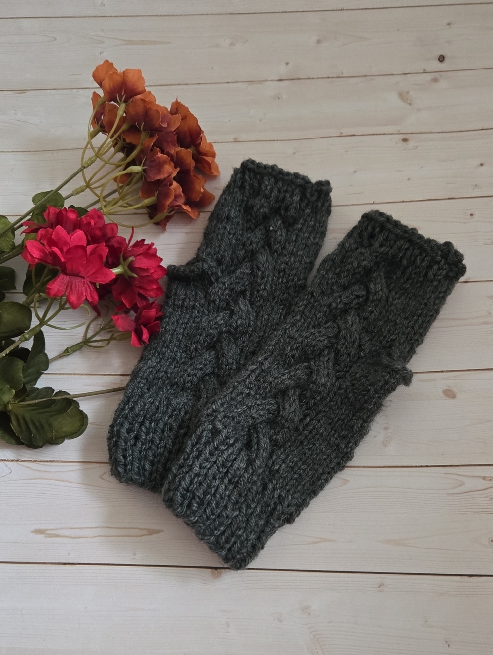***Handknit Fingerless cabled pattern mittens wrist warmers gloves CHARCOAL Gray